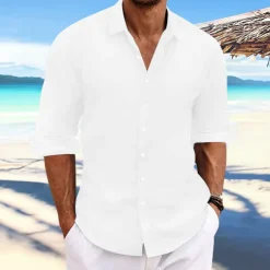 Men's Linen Shirt Summer Shirt Beach Wear Casual Shirt Button Up Shirt Plain Casual Daily Light Yellow White Pink Dark Navy Long Sleeve Spring & Summer Clothing Apparel
