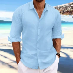 Men's Linen Shirt Summer Shirt Beach Wear Casual Shirt Button Up Shirt Plain Casual Daily Light Yellow White Pink Dark Navy Long Sleeve Spring & Summer Clothing Apparel
