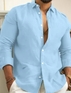 Men's Linen Shirt Summer Shirt Casual Shirt Beach Shirt Button Up Shirt Plain Casual Daily Black White Pink Navy Blue Long Sleeve Lapel Spring & Summer Clothing Apparel