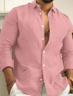 Men's Linen Shirt Summer Shirt Casual Shirt Beach Shirt Button Up Shirt Plain Casual Daily Black White Pink Navy Blue Long Sleeve Lapel Spring & Summer Clothing Apparel