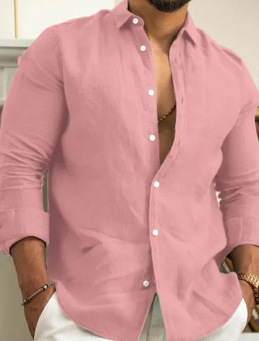 Men's Linen Shirt Summer Shirt Casual Shirt Beach Shirt Button Up Shirt Plain Casual Daily Black White Pink Navy Blue Long Sleeve Lapel Spring & Summer Clothing Apparel