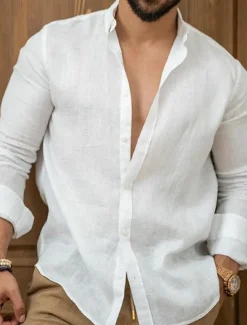 Men's Linen Shirt Summer Shirt Casual Shirt Beach Shirt Button Up Shirt Plain Casual Daily Black White Pink Navy Blue Long Sleeve Lapel Spring & Summer Clothing Apparel