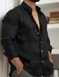 Men's Linen Shirt Summer Shirt Casual Shirt Beach Shirt Button Up Shirt Plain Casual Daily Black White Pink Navy Blue Long Sleeve Lapel Spring & Summer Clothing Apparel