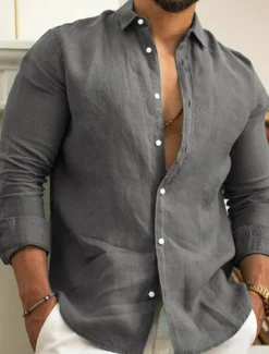 Men's Linen Shirt Summer Shirt Casual Shirt Beach Shirt Button Up Shirt Plain Casual Daily Black White Pink Navy Blue Long Sleeve Lapel Spring & Summer Clothing Apparel