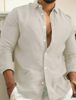 Men's Linen Shirt Summer Shirt Casual Shirt Beach Shirt Button Up Shirt Plain Casual Daily Black White Pink Navy Blue Long Sleeve Lapel Spring & Summer Clothing Apparel
