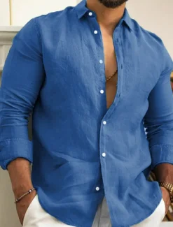 Men's Linen Shirt Summer Shirt Casual Shirt Beach Shirt Button Up Shirt Plain Casual Daily Black White Pink Navy Blue Long Sleeve Lapel Spring & Summer Clothing Apparel