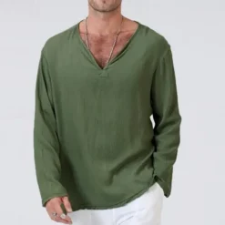 Men's Linen Shirt T Shirt Tee Long Sleeve Shirt Long Sleeve V Neck Summer Spring & Fall Striped Vintage Fashion V Neck Work Office / Career Casual Black White Green Top Tee for Men