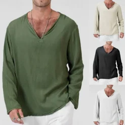 Men's Linen Shirt T Shirt Tee Long Sleeve Shirt Long Sleeve V Neck Summer Spring & Fall Striped Vintage Fashion V Neck Work Office / Career Casual Black White Green Top Tee for Men