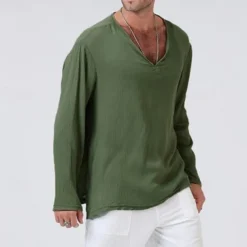 Men's Linen Shirt T Shirt Tee Long Sleeve Shirt Long Sleeve V Neck Summer Spring & Fall Striped Vintage Fashion V Neck Work Office / Career Casual Black White Green Top Tee for Men