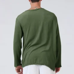 Men's Linen Shirt T Shirt Tee Long Sleeve Shirt Long Sleeve V Neck Summer Spring & Fall Striped Vintage Fashion V Neck Work Office / Career Casual Black White Green Top Tee for Men