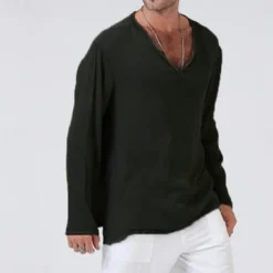 Men's Linen Shirt T Shirt Tee Long Sleeve Shirt Long Sleeve V Neck Summer Spring & Fall Striped Vintage Fashion V Neck Work Office / Career Casual Black White Green Top Tee for Men
