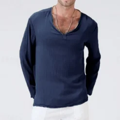 Men's Linen Shirt T Shirt Tee Long Sleeve Shirt Long Sleeve V Neck Summer Spring & Fall Striped Vintage Fashion V Neck Work Office / Career Casual Black White Green Top Tee for Men