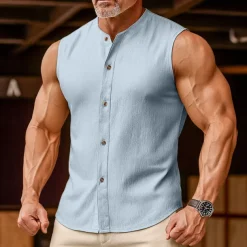 Men's Linen Shirt Tank Top Vest Top Undershirt Sleeveless Round Neck Mandarin Collar Summer Spring & Summer Plain Fashion Designer Basic Buttons Button Front Vacation Street Casual Black Pink Wine