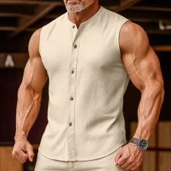 Men's Linen Shirt Tank Top Vest Top Undershirt Sleeveless Round Neck Mandarin Collar Summer Spring & Summer Plain Fashion Designer Basic Buttons Button Front Vacation Street Casual Black Pink Wine