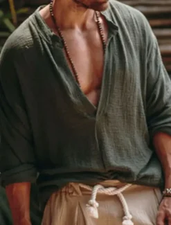 Men's Linen Shirt Viking Style Summer Shirt Beach Wear Casual Shirt Plain Vacation Curise White Green Long Sleeve V Neck Spring & Summer Clothing Apparel