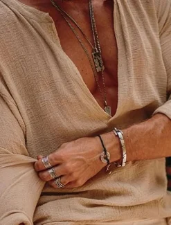 Men's Linen Shirt Viking Style Summer Shirt Beach Wear Casual Shirt Plain Vacation Curise White Green Long Sleeve V Neck Spring & Summer Clothing Apparel