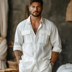 Men's Linen Shirt White Long Sleeve Fold-over Collar Summer Spring & Fall Clothing Apparel Casual Shirt Button Down Shirt Plain Lapel Summer Casual Daily Clothing Apparel