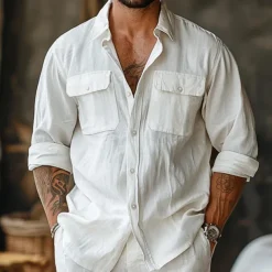 Men's Linen Shirt White Long Sleeve Fold-over Collar Summer Spring & Fall Clothing Apparel Casual Shirt Button Down Shirt Plain Lapel Summer Casual Daily Clothing Apparel