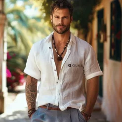 Men's Linen Shirt White Short Sleeve Solid Color Floral Graphic Turndown Shirt Collar Outdoor Graphic Clothing Apparel Casual Daily