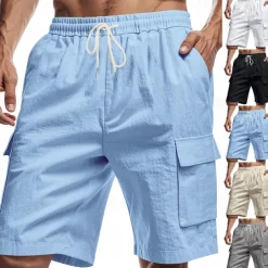 Men's Linen Shorts Summer Shorts Beach Shorts Pocket Drawstring Elastic Waist Plain Comfort Breathable Short Vacation Holiday Beach Hawaiian Boho Black White