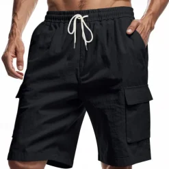 Men's Linen Shorts Summer Shorts Beach Shorts Pocket Drawstring Elastic Waist Plain Comfort Breathable Short Vacation Holiday Beach Hawaiian Boho Black White
