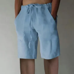 Men's Linen Shorts Summer Shorts Drawstring Elastic Waist Front Pocket Plain Comfort Soft Knee Length Casual Daily Fashion Classic Style Black White