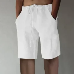 Men's Linen Shorts Summer Shorts Drawstring Elastic Waist Front Pocket Plain Comfort Soft Knee Length Casual Daily Fashion Classic Style Black White