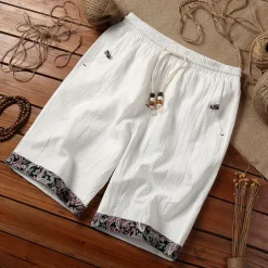 Men's Linen Shorts Summer Shorts Crop Patchwork Drawstring Elastic Waist Plain Comfort Breathable Outdoor Daily Going out Fashion Casual Black White