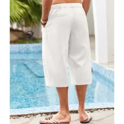 Men's Linen Shorts Summer Shorts Beach Shorts Pocket Drawstring Elastic Waist Plain Comfort Breathable Calf-Length Holiday Vacation Beach Hawaiian Boho Dark Khaki Black