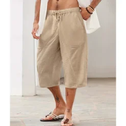 Men's Linen Shorts Summer Shorts Beach Shorts Pocket Drawstring Elastic Waist Plain Comfort Breathable Calf-Length Holiday Vacation Beach Hawaiian Boho Dark Khaki Black