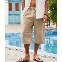 Men's Linen Shorts Summer Shorts Beach Shorts Pocket Drawstring Elastic Waist Plain Comfort Breathable Calf-Length Holiday Vacation Beach Hawaiian Boho Dark Khaki Black