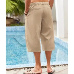Men's Linen Shorts Summer Shorts Beach Shorts Pocket Drawstring Elastic Waist Plain Comfort Breathable Calf-Length Holiday Vacation Beach Hawaiian Boho Dark Khaki Black
