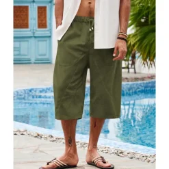 Men's Linen Shorts Summer Shorts Beach Shorts Pocket Drawstring Elastic Waist Plain Comfort Breathable Calf-Length Holiday Vacation Beach Hawaiian Boho Dark Khaki Black