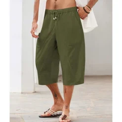 Men's Linen Shorts Summer Shorts Beach Shorts Pocket Drawstring Elastic Waist Plain Comfort Breathable Calf-Length Holiday Vacation Beach Hawaiian Boho Dark Khaki Black