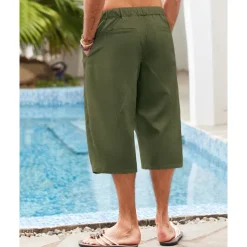 Men's Linen Shorts Summer Shorts Beach Shorts Pocket Drawstring Elastic Waist Plain Comfort Breathable Calf-Length Holiday Vacation Beach Hawaiian Boho Dark Khaki Black