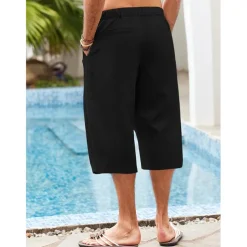 Men's Linen Shorts Summer Shorts Beach Shorts Pocket Drawstring Elastic Waist Plain Comfort Breathable Calf-Length Holiday Vacation Beach Hawaiian Boho Dark Khaki Black