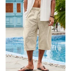 Men's Linen Shorts Summer Shorts Beach Shorts Pocket Drawstring Elastic Waist Plain Comfort Breathable Calf-Length Holiday Vacation Beach Hawaiian Boho Dark Khaki Black