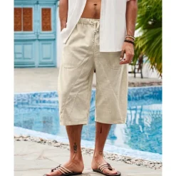 Men's Linen Shorts Summer Shorts Beach Shorts Pocket Drawstring Elastic Waist Plain Comfort Breathable Calf-Length Holiday Vacation Beach Hawaiian Boho Dark Khaki Black