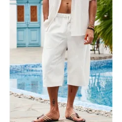 Men's Linen Shorts Summer Shorts Beach Shorts Pocket Drawstring Elastic Waist Plain Comfort Breathable Calf-Length Holiday Vacation Beach Hawaiian Boho Dark Khaki Black