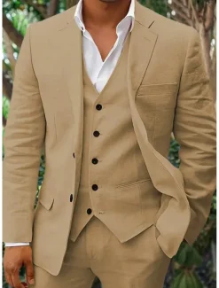 Men's Linen Suits Beach Wedding Summer Suits Solid Colored 3 Piece Tailored Fit Single Breasted Two-buttons Beige Sky Blue White