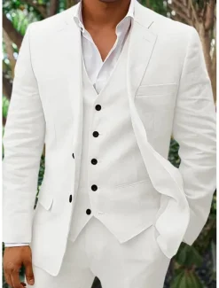 Men's Linen Suits Beach Wedding Summer Suits Solid Colored 3 Piece Tailored Fit Single Breasted Two-buttons Beige Sky Blue White