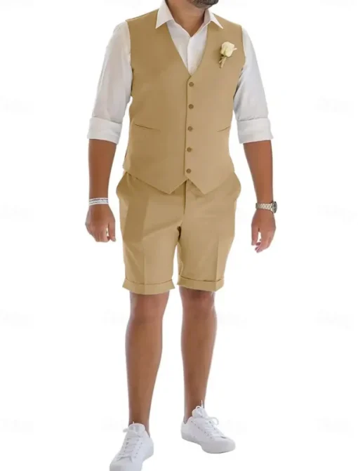 Men's Linen Suits Wedding Shorts Waistcoat Beach Summer Solid Formal Light Blue Sky Blue Dark Navy Colored Causal 2 Piece Tailored Fit