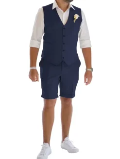 Men's Linen Suits Wedding Shorts Waistcoat Beach Summer Solid Formal Light Blue Sky Blue Dark Navy Colored Causal 2 Piece Tailored Fit