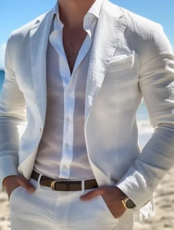 Men's Linen Suits White Summer Wedding Lightweight Casual Solid Colored Standard Fit 2 Piece Single Breasted One-button