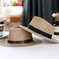Men's Linen Sun Hat Panama Flat Brim British Jazz Hat Sun Protection Gentleman Hat