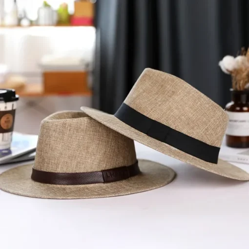 Men's Linen Sun Hat Panama Flat Brim British Jazz Hat Sun Protection Gentleman Hat