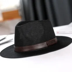 Men's Linen Sun Hat Panama Flat Brim British Jazz Hat Sun Protection Gentleman Hat