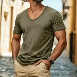 Men's Linen-like T Shirt Moisture Wicking Shirts Plain V Neck Street Causal Short Sleeve V Neck Vintage Clothing Apparel Retro Basic Casual Comfortable