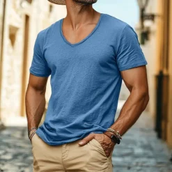 Men's Linen-like T Shirt Moisture Wicking Shirts Plain V Neck Street Causal Short Sleeve V Neck Vintage Clothing Apparel Retro Basic Casual Comfortable