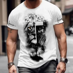 Men's Lion Cross Faith Short Sleeve T shirt 3D Print Crew Neck Shirt Daily Outdoor Casual Party Casual Holiday White Summer Clothing Apparel Normal S M L XL XXL XXXL